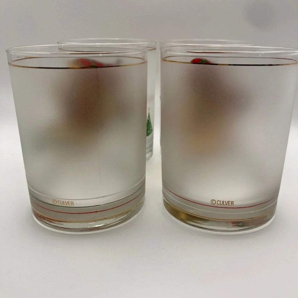 Vtg Culver Frosted Yule Bear Old Fashioned Glass Set of 4 22K‎ Gold USA